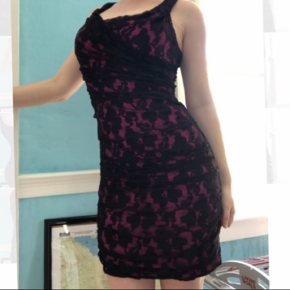 Hot pink and black lace bodycon dress
